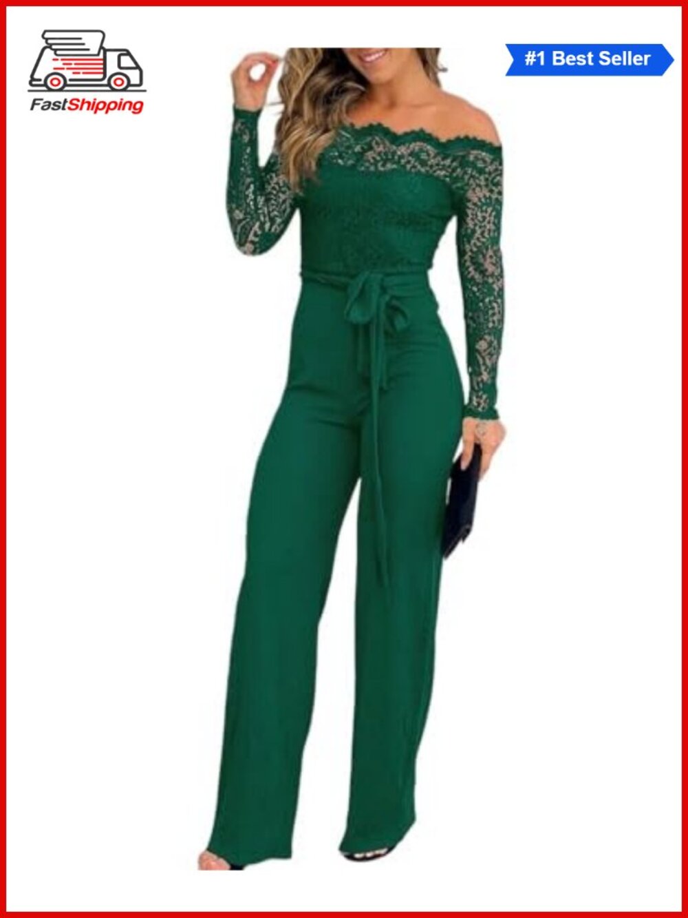✨ CHICME Off-Shoulder Lace Jumpsuit with Belt & Floral Embroidery